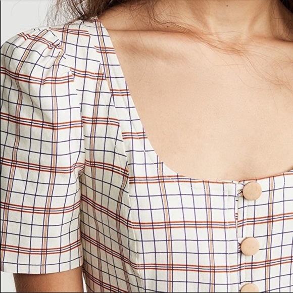 Nicholas Plaid Button Front Puff Sleeve Mini Dress Linen Blend Cream Red Size 2 - Picture 3 of 12